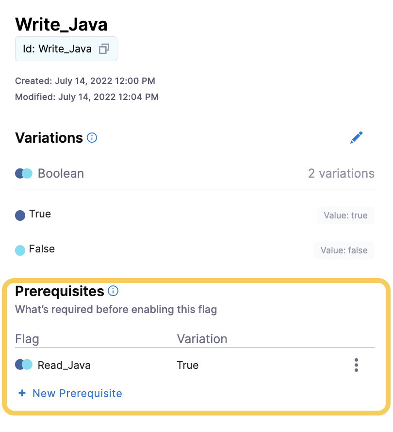 &quot;A screenshot of the Prerequisite flag added to the Write_Java flag.